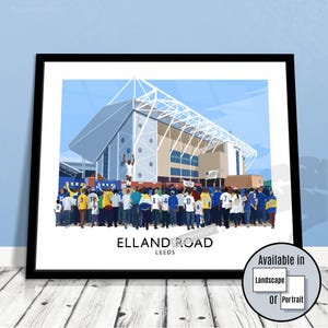 Elland Road Leeds United wall art print of supporters arriving at the LUFC stadium for a football match, travel poster style