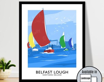 Sailing yachts on Belfast Lough, Northern Ireland, travel poster, art print, Ulster, Irish art, Irish gift, sailing, boats, sail