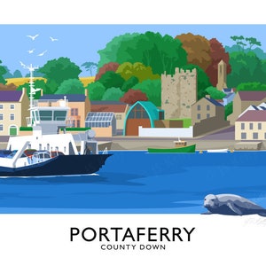 Portaferry, ferry, County Down, Northern Ireland, Ireland, travel poster, art print, Ulster, Irish art, Irish gift, Strangford Ferry, boat image 4