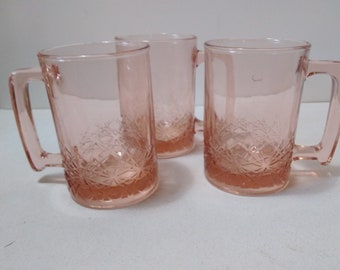 3 pink glass cups, pink glass mugs, vintage, kedaung group, Indonesia