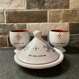 H-Ghrib pottery, Salty, vintage, thumbler and plate glasses and dish covered with a bell, Roy and Gibson Acadie 82