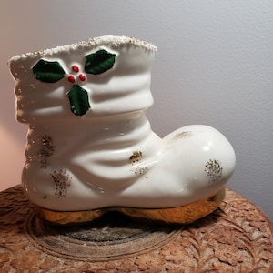 Christmas ornaments, santa boot, ceramic, Divisons, white and gold Santa boot, vintage Christmas ceramic boot