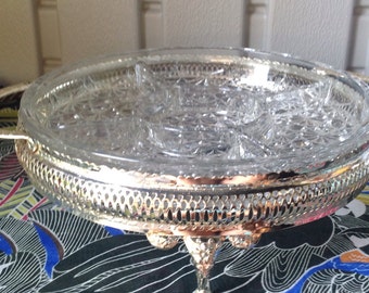 Crystal dish with compartments, appetizer serving platter in glass and metal