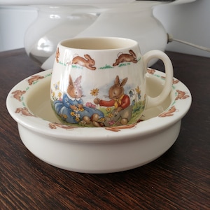 Bunnykins Royal Doulton for child, english fine bone china, mug and bowl, children&#39;s bowl and cup set