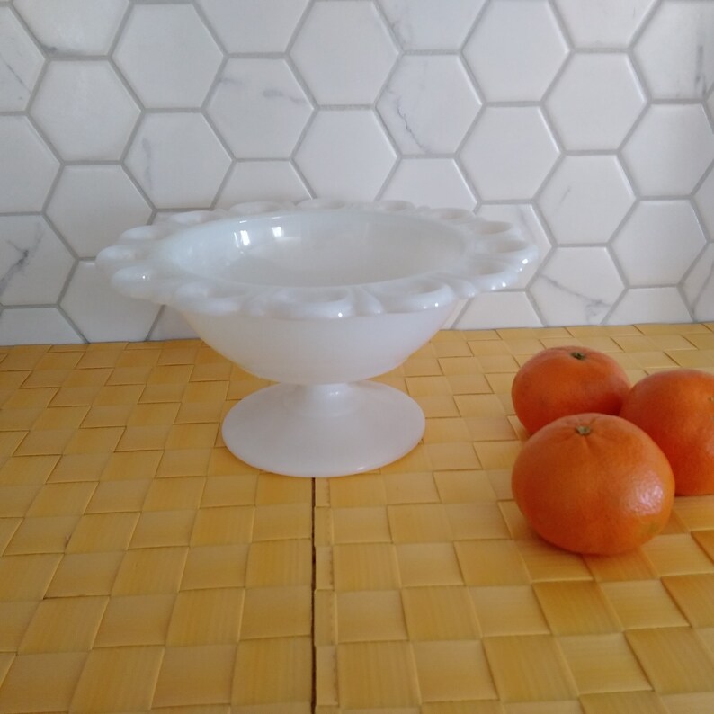 Milkglass pedestal flat fruit bowl farmhouse vintage bowl scalloped