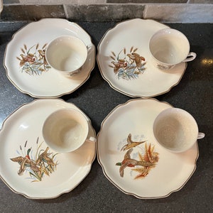 Assiettes et tasses, bords game Crown goldendale 22kt , ensemble de 4, england , gift for him, cadeau pour chasseur, chasse, Hunter