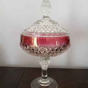 Piédestal, jar à bonbons, ruby rim, cristal, bowl,  Candy Dish, Ruby Flash, Diamond Point, Canneberge, Verre, , B12-7-31-