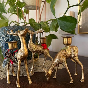 Reider reindeer vintage brass candlestick 3 deers brass gold mcm