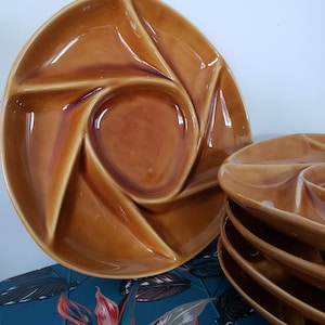 Longchamp France, flat fondue, 4 divided fondue plates, amber color, France,