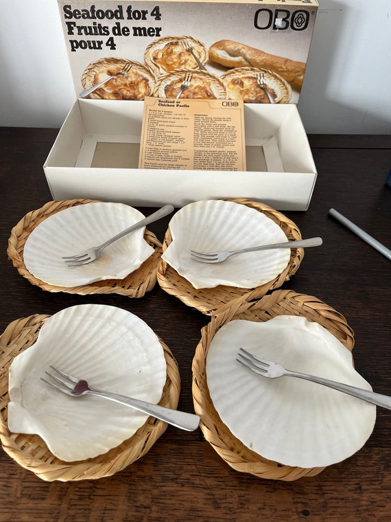 Seafood for 4, Shells, Scallop Set, Rattan Coaster, Shell and Fork 