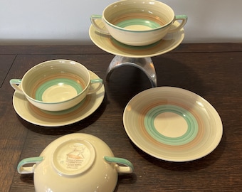 Susie Cooper Burslem 3 double Handles cups with saucer, soup bowl set of 3, 1920’s