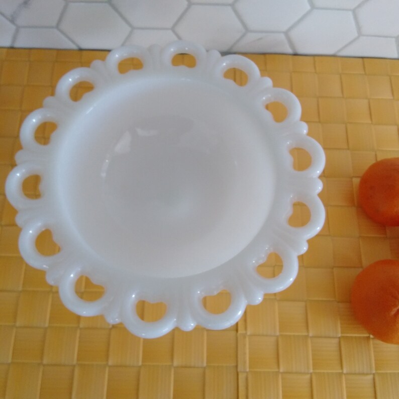 Milkglass pedestal flat fruit bowl farmhouse vintage bowl scalloped