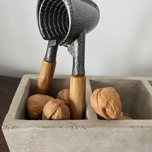 May include: A gray metal nutcracker with wooden handles sits in a concrete tray with several walnuts.