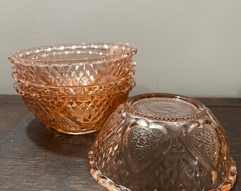 Pink glassware KIG Indonesia 4 bowls, small, heart pattern, heart design, compote bowls