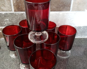 4 Luminarc ruby glasses, French wine glass, red, 4.25 inches, vintage