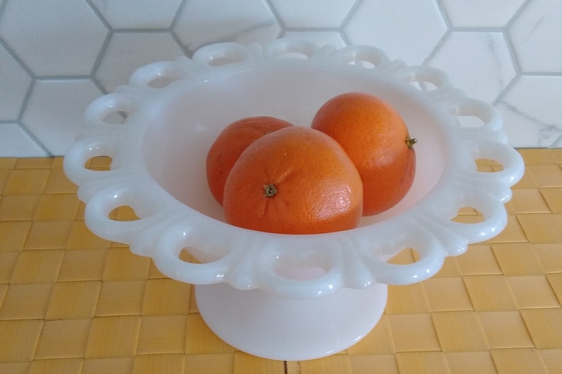 Milkglass pedestal flat fruit bowl farmhouse vintage bowl scalloped