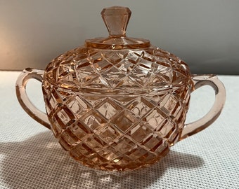 Anchor Hocking waterford waffke pink glassware Sugar and cover oval A1, pink glass sugar bowl 1938