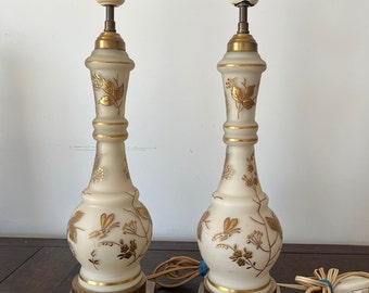 2 beautiful lamps in ivory glass and golden floral details, butterfly, rare, art nouveau