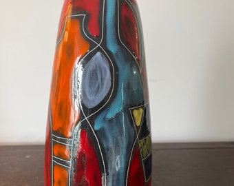 Mid century red cubist style vase, vintage Picasso flower pot vase