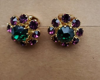 Art deco purple and green stone earrings, gold plated, wedding, Gatsby