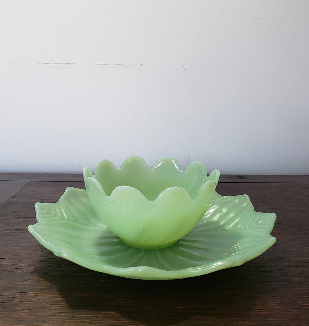 Jadeite Lotus Bowl and Plate, Anchor Hocking, Fire King, Green, Lotus