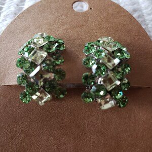 May include: A pair of green and silver clip-on earrings with a cluster of rhinestones.