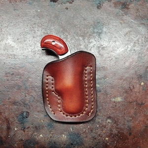 May include: A brown leather holster with a stitched design, holding a small silver handgun with a wooden handle.