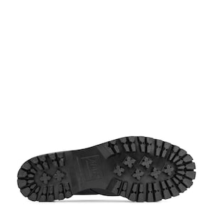 May include: Black boot sole with a deep tread pattern. The sole features cross-shaped designs and the brand name is visible. The boot sole is made of a durable material.