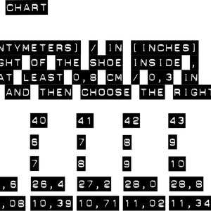 May include: ADIX 1200 size chart with shoe size conversions. Includes EU, UK, US, CM (centimetres), and IN (inches) measurements. Warning: Add 0.8 cm to the shoe's internal length for the best fit.