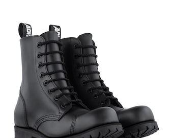 NEW !!  ADIX® 1208 Black Boots 8-eyelet steel cap leather handmade grunge underground punk derby military old school