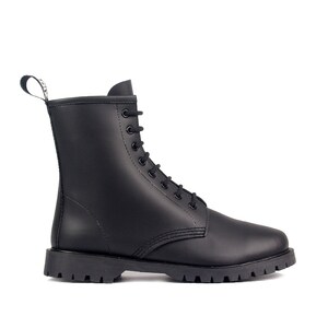 May include: A black leather boot with a lace-up design and a thick, lug sole. The boot has a pull tab at the back and a rounded toe. The boot is approximately 8 inches tall.