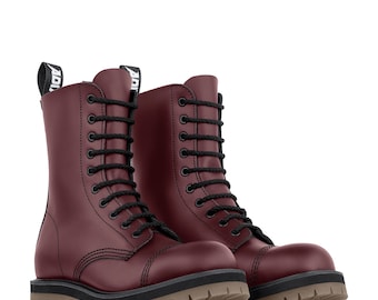 Botas ADIX® 1610 de piel color rojo cereza, 10 ojales, puntera de acero, hechas a mano, estilo gótico, grunge, punk, metal, militar, combate, trabajo, ejército