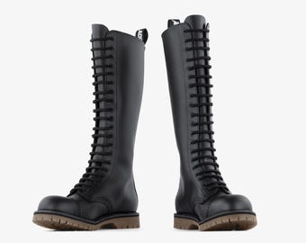 Botas ADIX® 1420 de cuero negro, 20 ojales, puntera de acero, hechas a mano, estilo grunge, underground, punk, derby, militar, old school