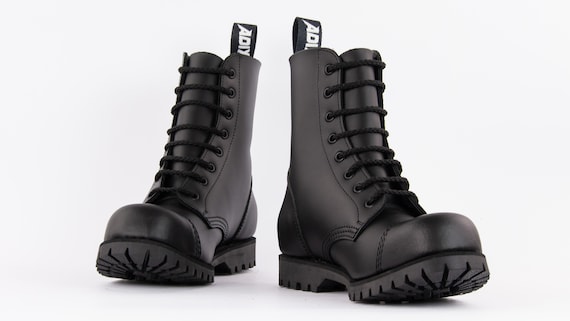 New !! Adix 1208 Black Boots 8-Eyelet Steel Cap Leather Handmade Grunge Underground Punk Derby Military Old School