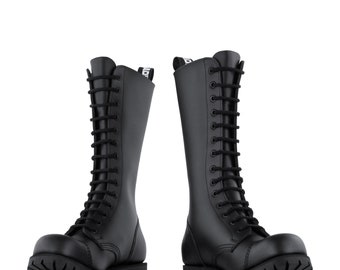 NEW !! ADIX® 1214 Boots Black Leather 14 eyelets steel cap handmade goth grunge punk metal military combat boots