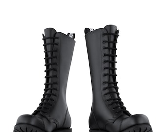 NOUVEAU !! ADIX® 1214 Bottes en cuir noir, 14 oeillets, casquette en acier, bottes de combat militaires gothiques grunge punk en métal faites à la main