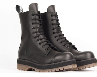 Botas ADIX® 1610 de cuero negro, 10 ojales, puntera de acero, hechas a mano, estilo gótico, grunge, punk, metal, militar, combate, trabajo, ejército