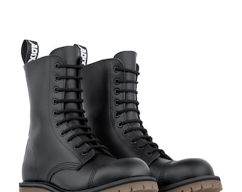 ADIX® 1410 Boots Black Leather 10 Eyelets Steel Cap - handmade goth grunge punk metal military combat work army