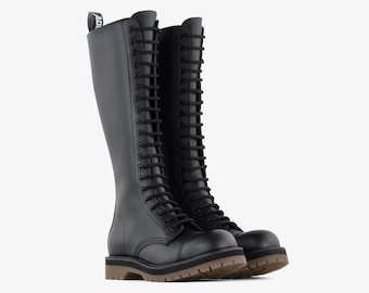 Botas ADIX® 1620 de cuero negro, 20 ojales, puntera de acero, hechas a mano, estilo gótico, grunge, punk, metal, militar, combate, trabajo, ejército