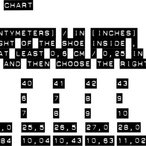 May include: A shoe size chart with the text "ADIX 1300 SIZE CHART" at the top. The chart includes EU, UK, US, CM, and IN sizes, with corresponding measurements in centimeters and inches. A warning message advises adding 0.25 inches for the best fit.