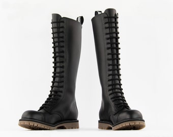 NEW !! ADIX® 1420 Black Boots 20-eyelet steel cap leather handmade grunge underground punk derby military old school