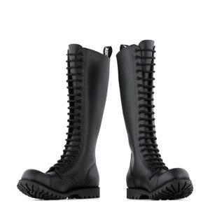 May include: Two black leather knee-high boots with a lace-up design. The boots have a rounded toe and a thick, lugged sole. The boots are approximately 40 cm tall and feature the word "ADI" on the top of the boot.
