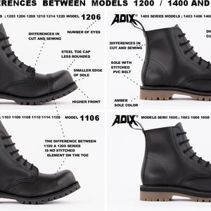 Puede incluir: Diagrama que compara los modelos de botas ADIX 1200, 1400, 1100 y 1600. La imagen destaca las diferencias en corte, costura, puntera, suela y n&uacute;mero de ojales. Se muestran botas de cuero negro con varios colores de suela.