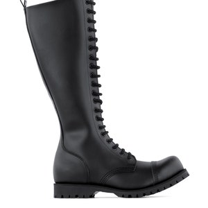 May include: A knee-high black leather boot with a lace-up front and a chunky sole. The boot has a rounded toe and a pull loop at the top. The boot measures approximately 40 cm in height.