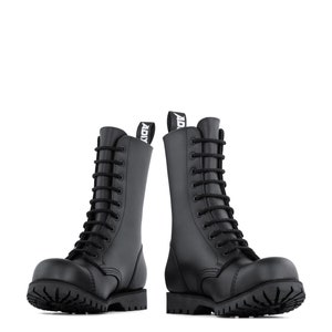 ADIX® 1210-laarzen zwart leer 10 veterogen stalen kap - handgemaakte goth-grunge punkmetal militaire gevechtslaarzen
