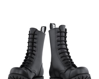 Bottes ADIX® 1210 en cuir noir, 10 oeillets, casquette en acier - bottes de combat militaires en métal gothique grunge punk faites à la main