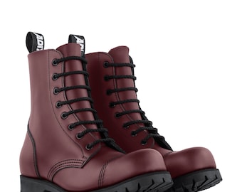 ADIX® 1208 Cherry Red Leather Boots 8 Eyelet Steel Cap - handmade grunge underground punk derby military old school