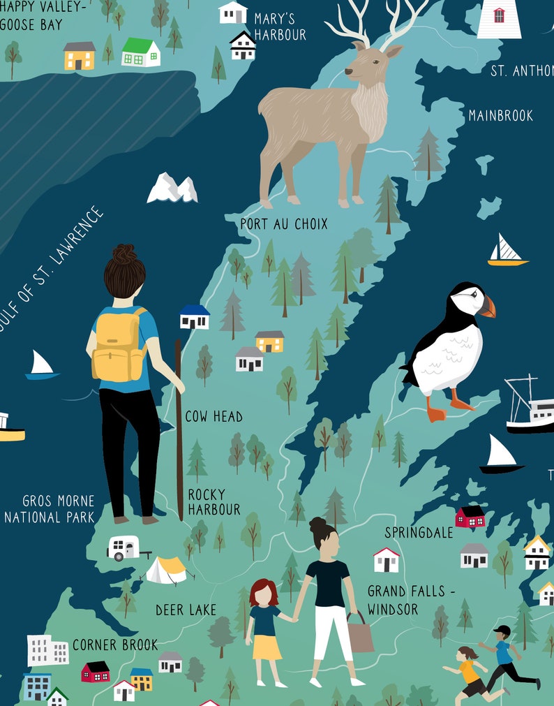 May include: A colorful illustrated map of Newfoundland, Canada, with various landmarks and locations labeled. The map features a hiker with a backpack, a deer, a puffin, and a family with children. The map is on a blue background with green and white accents.