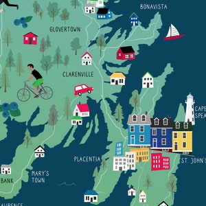 May include: A colorful illustrated map of Newfoundland, Canada, with various towns and cities labeled, including Gander, Glovertown, Clarenville, Bonavista, Placentia, Mary's Town, and St. John's. The map features small houses, boats, a lighthouse, and other illustrations.