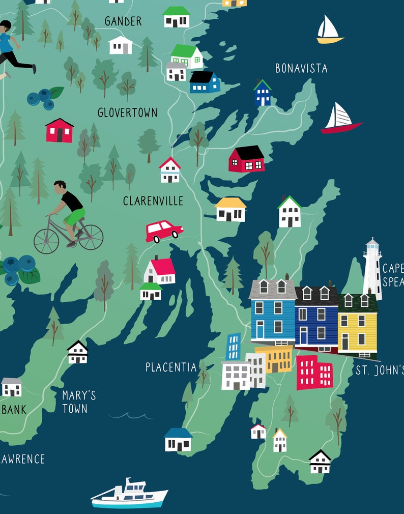 May include: A colorful illustrated map of Newfoundland, Canada, with various towns and cities labeled, including Gander, Glovertown, Clarenville, Bonavista, Placentia, Mary's Town, and St. John's. The map features small houses, boats, a lighthouse, and other illustrations.